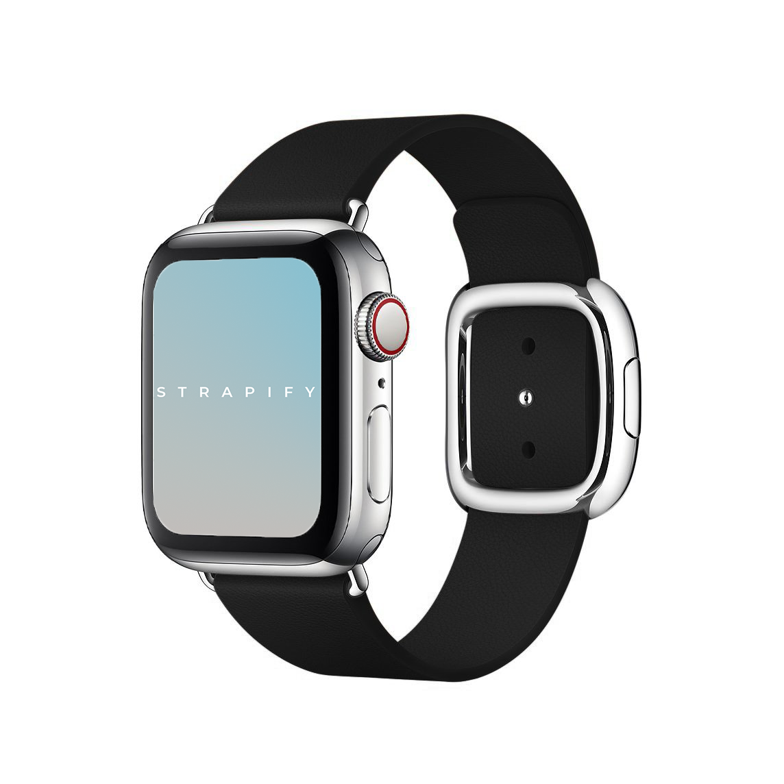 Silver stainless steel smartwatch with black sport band and modern buckle closure