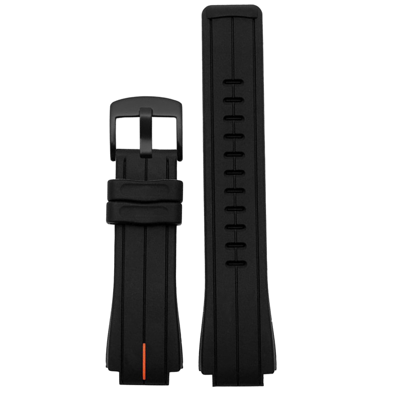 Black silicone watch strap with red accent line, 16mm and 24mm sizes shown with black buckle