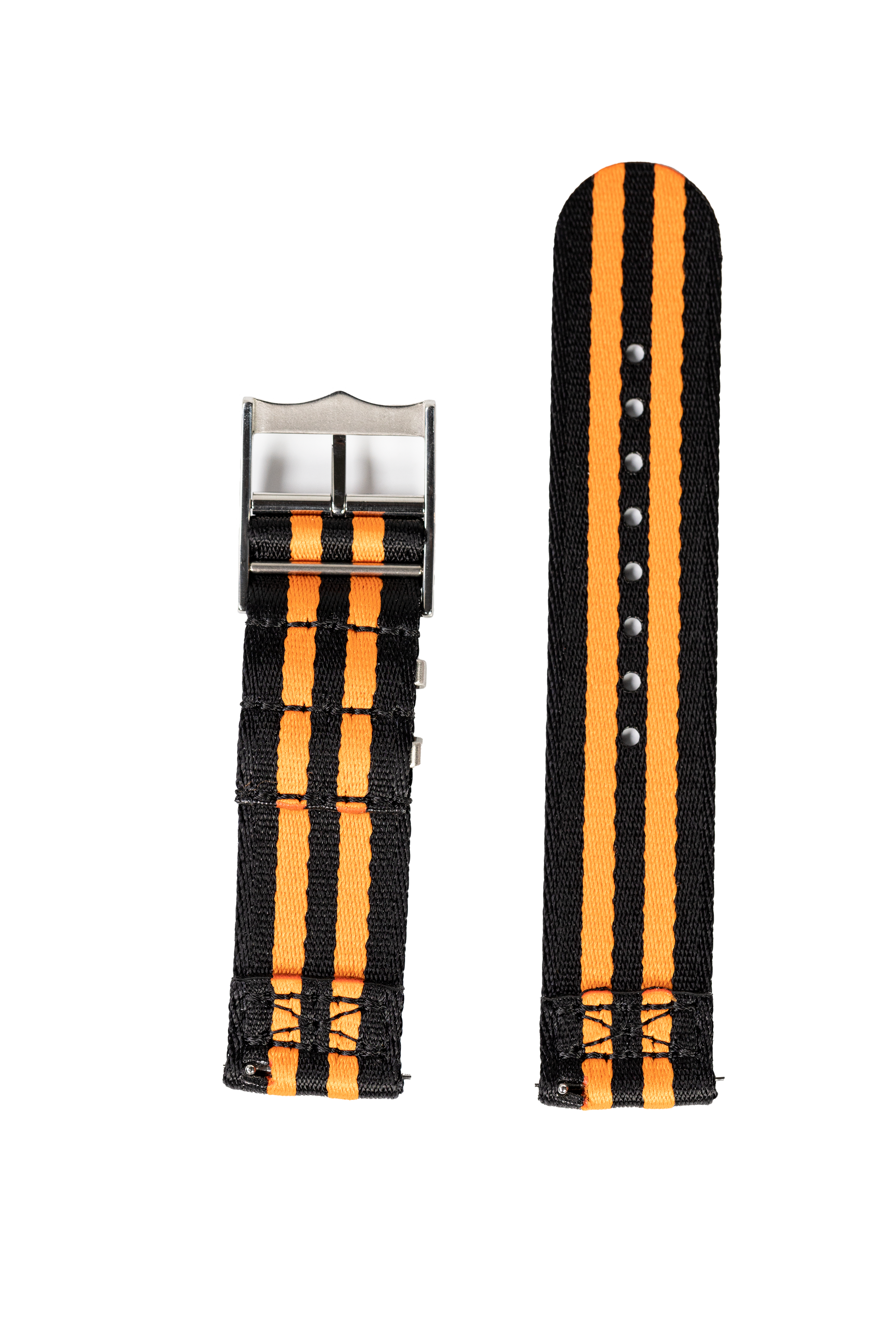 Black and orange striped nylon watch strap with quick release buckle and metal hardware