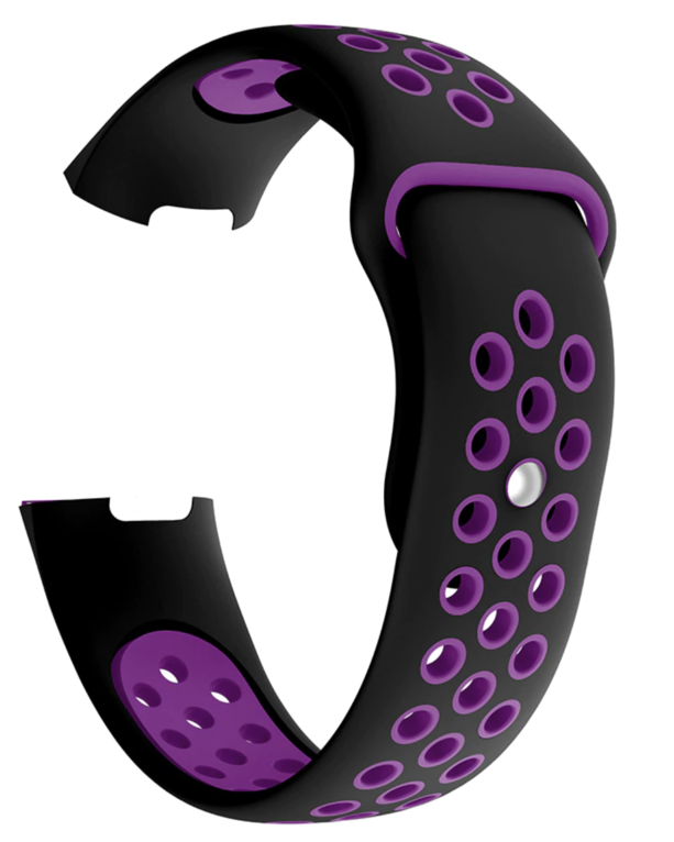 Black and purple perforated silicone sports band for Fitbit Charge 3 and 4 with ventilation holes and quick-release clasp