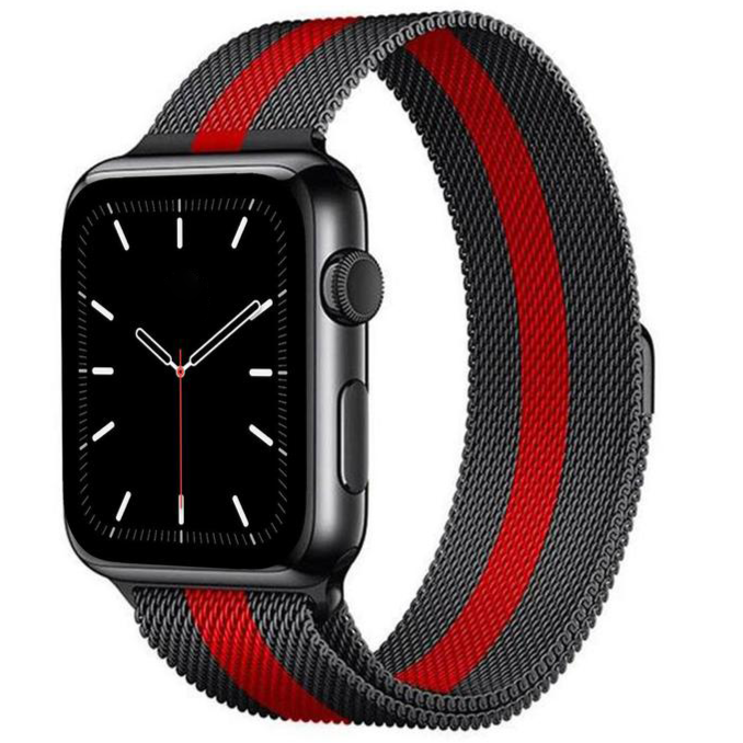 Black and red striped Milanese loop smartwatch band with space gray watch case and black dial