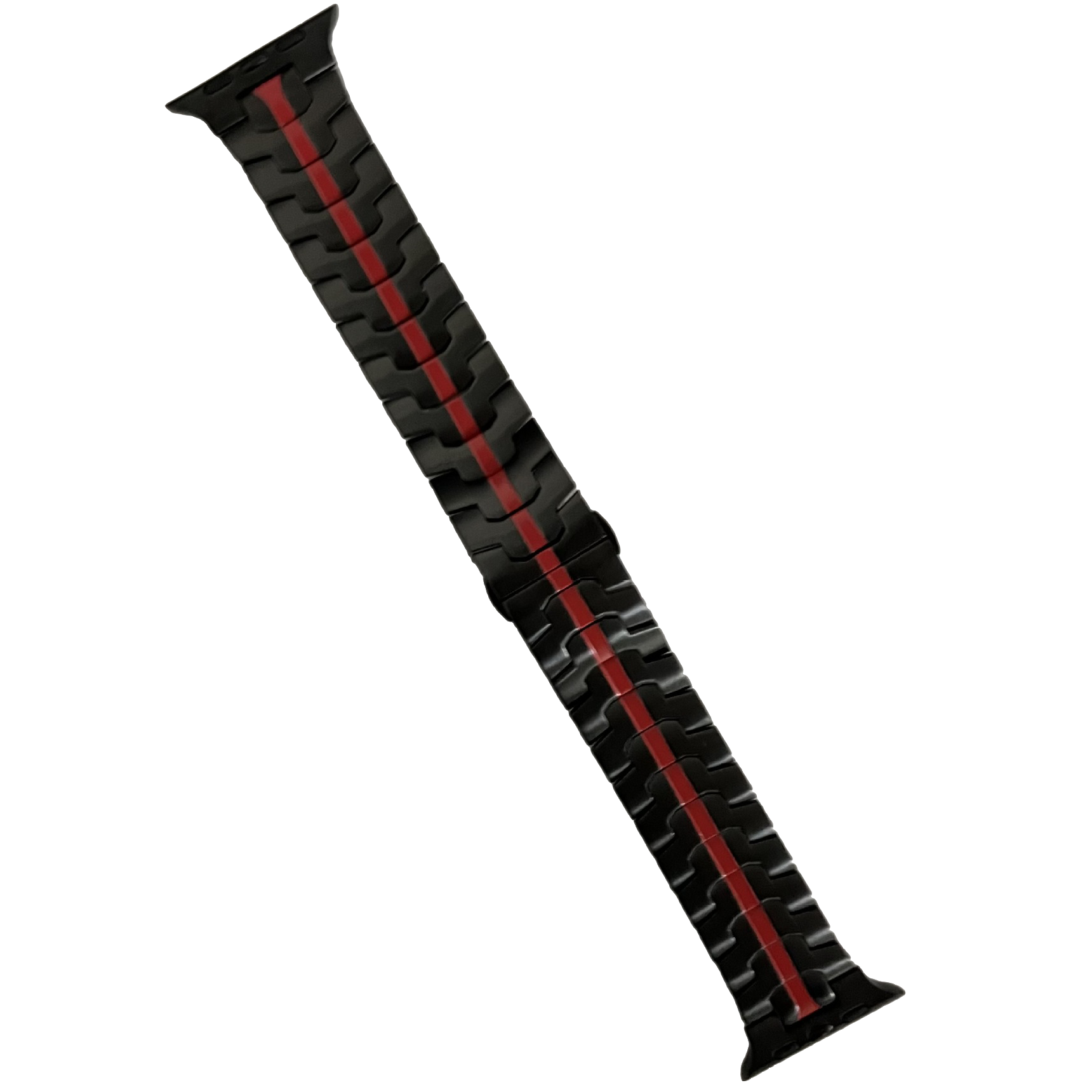 Black rubber Apple Watch band with red racing stripe and cushioned grip design