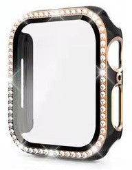 Black protective case for Apple Watch with diamond crystal rhinestone border and rose gold accents