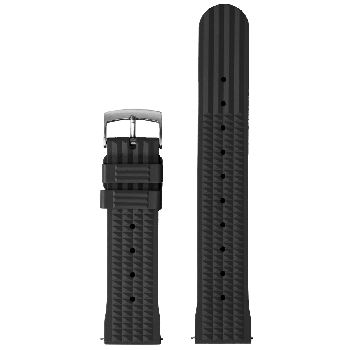 Black textured rubber Apple Watch band with silver buckle, shown fully extended and folded display