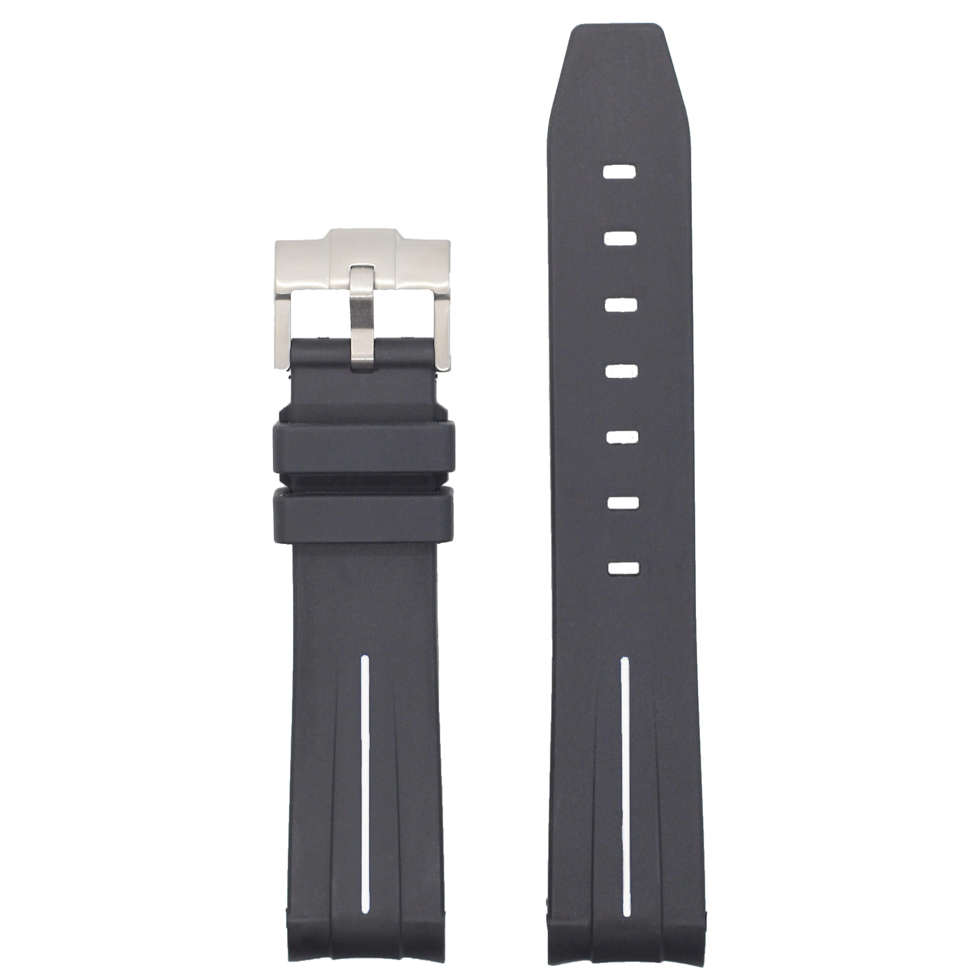 Black rubber watch strap with white center line and silver buckle, curved King Flexi design with perforated holes shown front and back