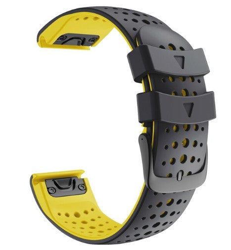 Black and yellow perforated silicone sports watch band with quick-fit connectors and adjustment straps