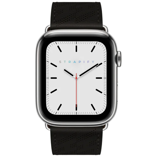 Silver smartwatch with white dial, black hour markers, and Strapify branding, featuring black perforated sport band