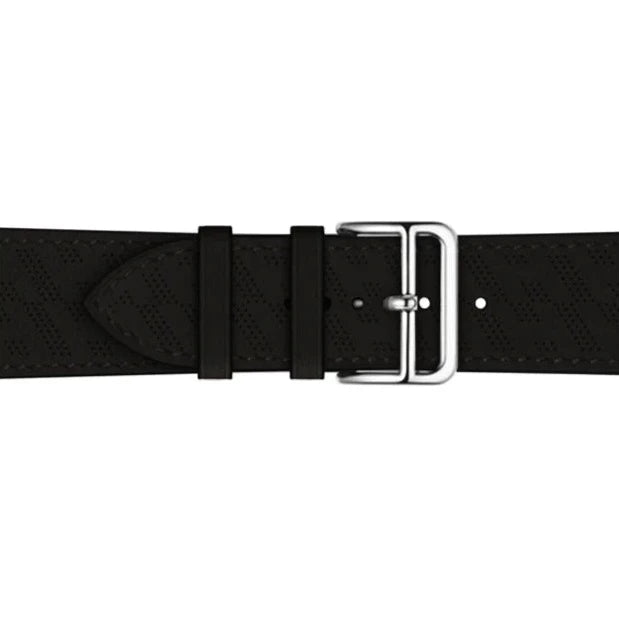Black perforated leather Apple Watch band with silver buckle closure and single tour design