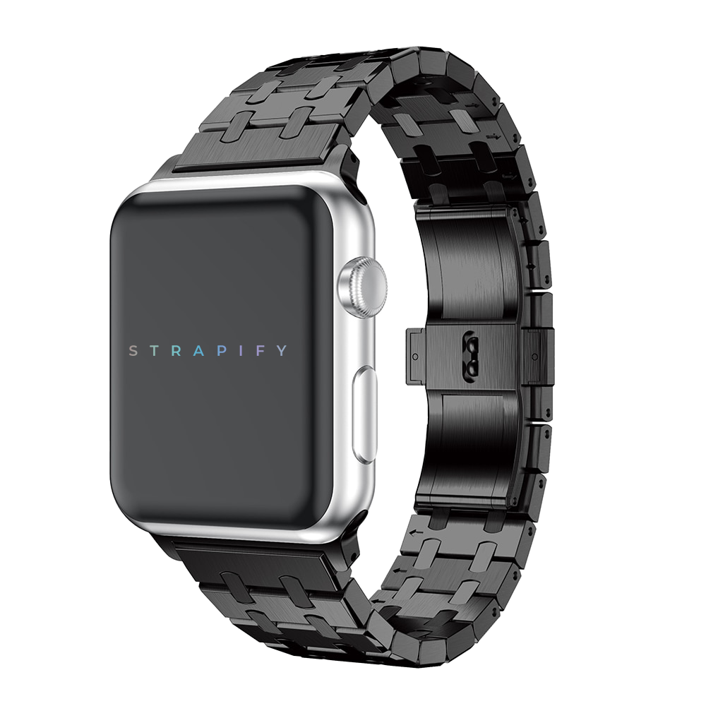 Black stainless steel Medallion bracelet band for Apple Watch with metal link strap and deployment clasp