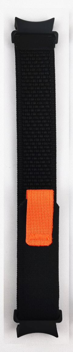 Black fabric watch band with orange accent pocket and adjustable loop closures