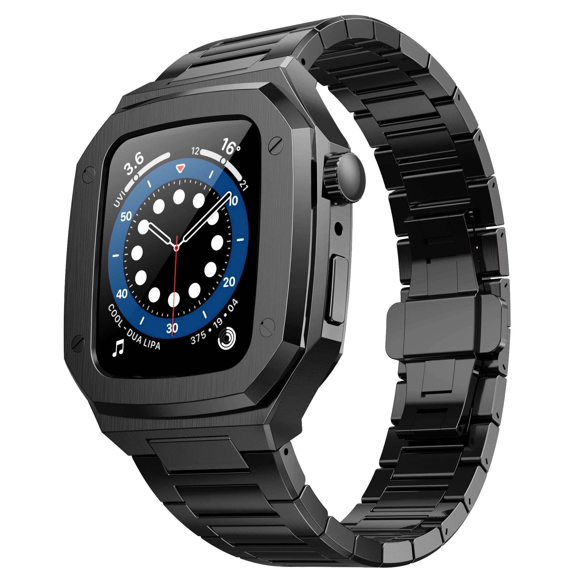 Black stainless steel smartwatch with blue bezel, black digital dial, and matching metal link band