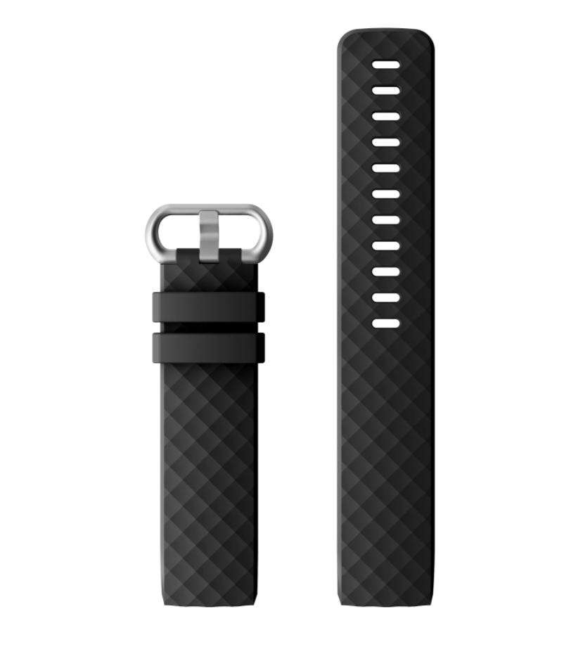 Black silicone sport watch band with quilted texture and white ventilation holes, shown with silver loop connector hardware