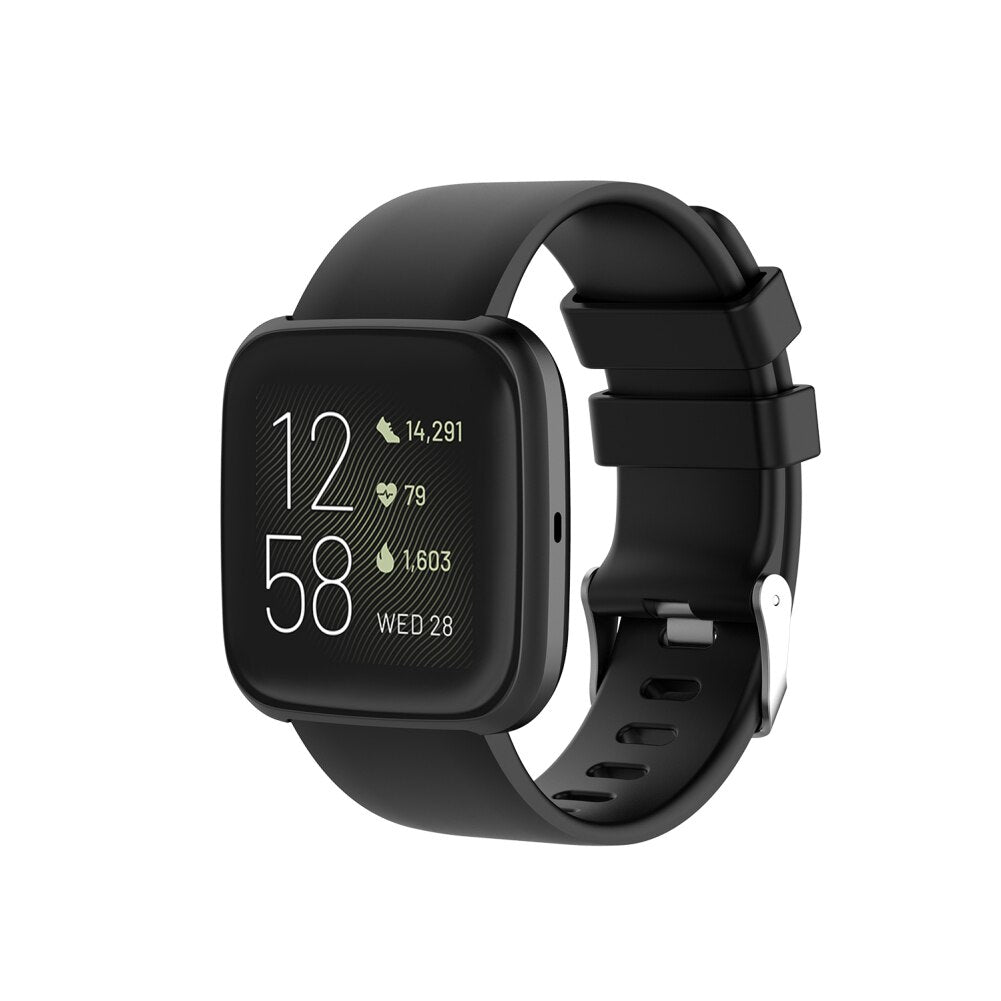 Black silicone smartwatch band with quick-release pins compatible with Fitbit Versa and Versa 2 fitness trackers