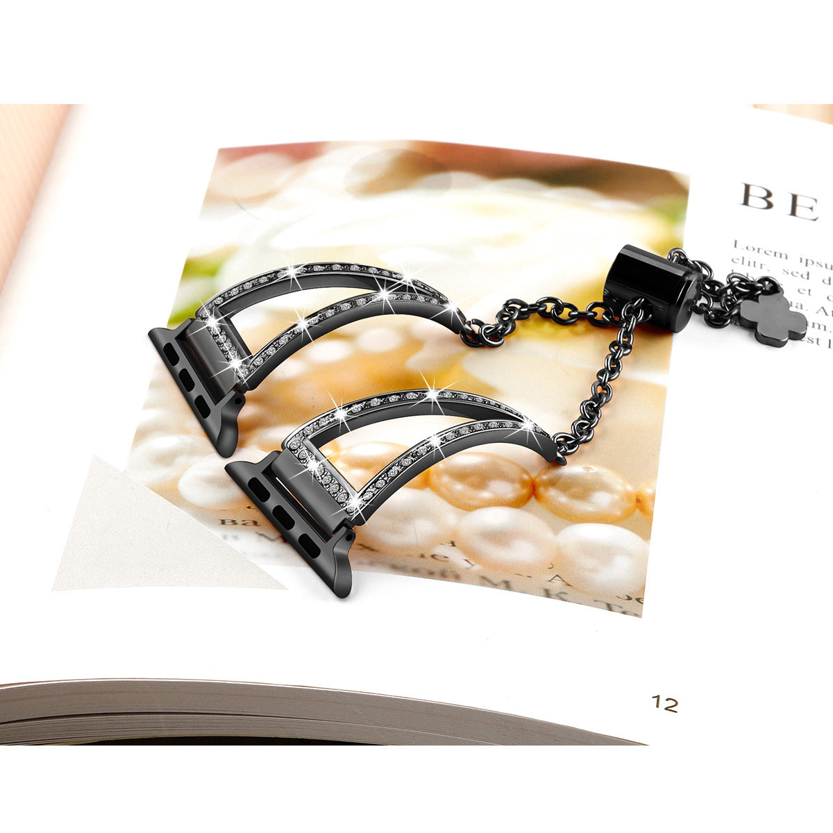 Black stainless steel Apple Watch band bracelet with crystal rhinestone arc design and chain connector charm