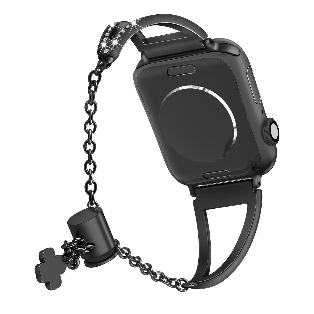 Black leather Apple Watch band with rhinestone-studded chain and cross charm pendant detail
