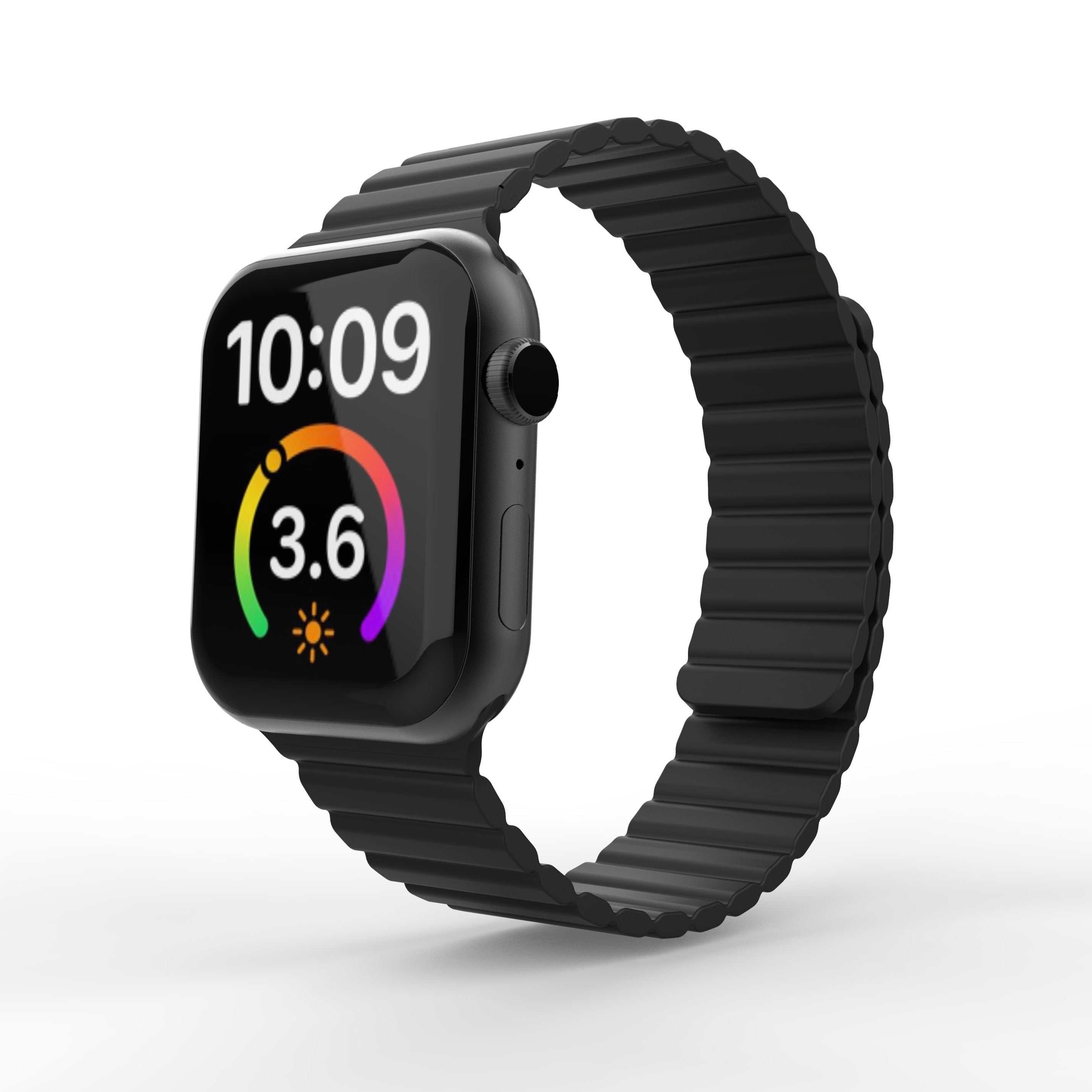 Black magnetic silicone loop band for smartwatch with stainless steel case and colorful activity ring display