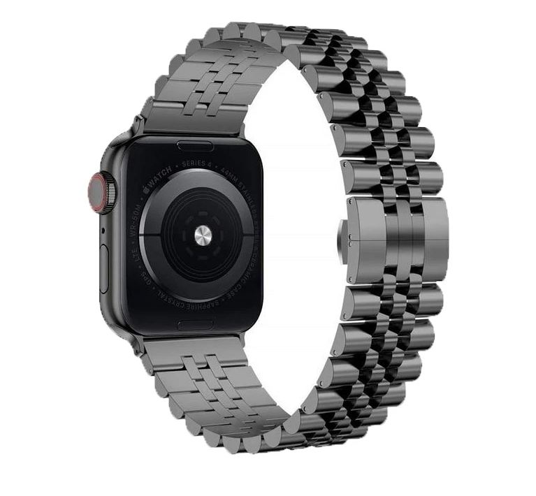 Black stainless steel Jubilee bracelet for Apple Watch with curved links and secure clasp attachment