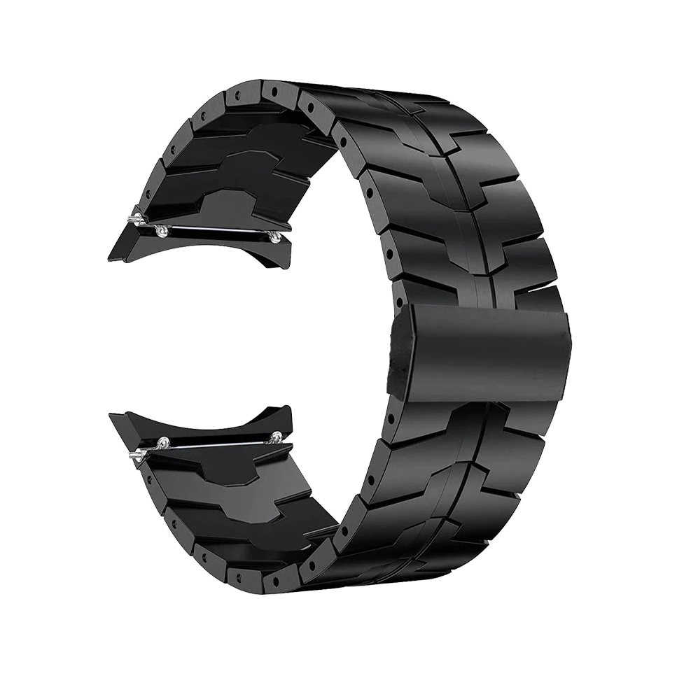 Black stainless steel bracelet band for Galaxy Watch 4-7 with armour-style segmented links and quick-release connectors