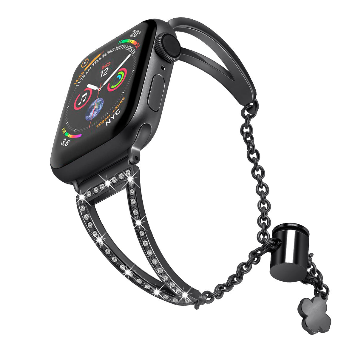 Black smartwatch with diamond-studded leather bracelet and chain charm accessory, fitness tracker display visible