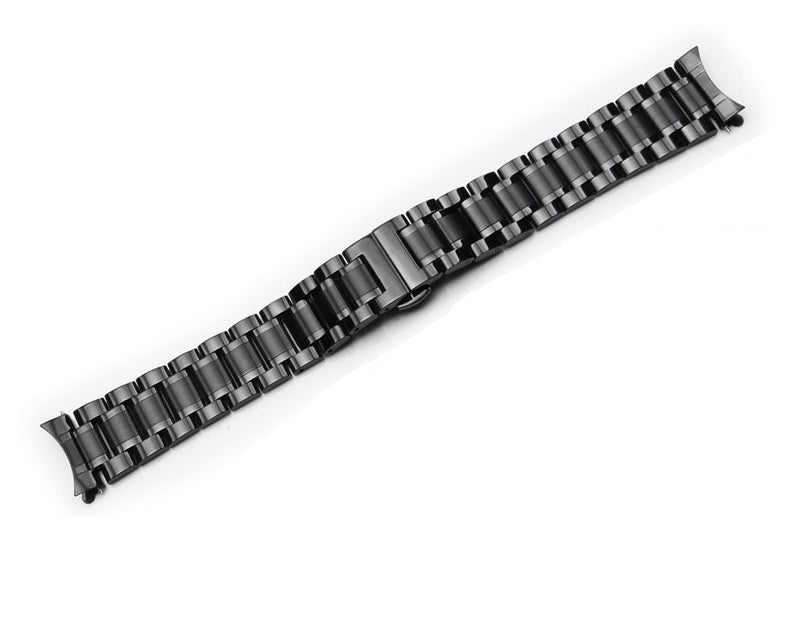 Black curved steel watch bracelet with solid link design and deployant clasp