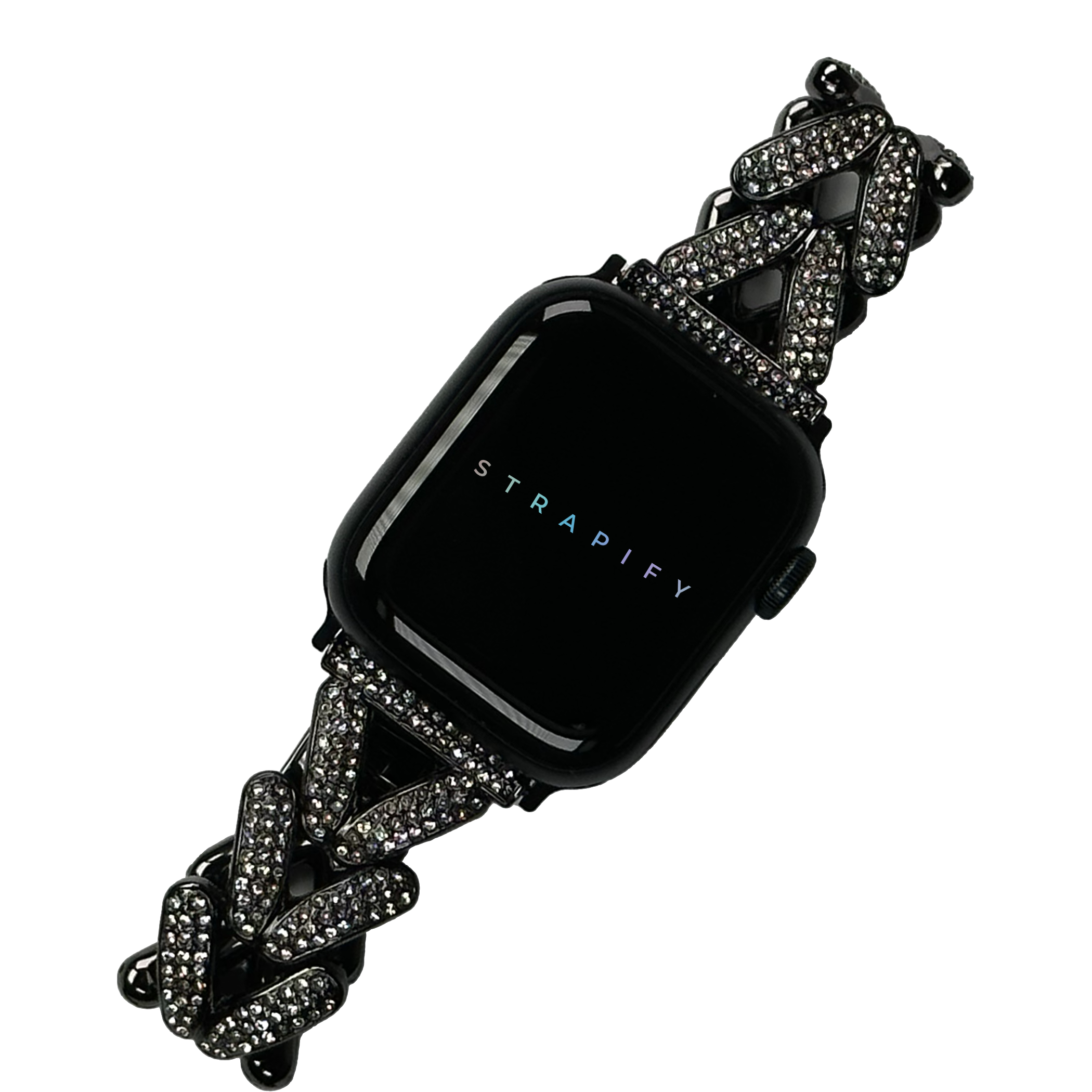 Black crystal-studded V-link smartwatch band for Apple Watch with square case display
