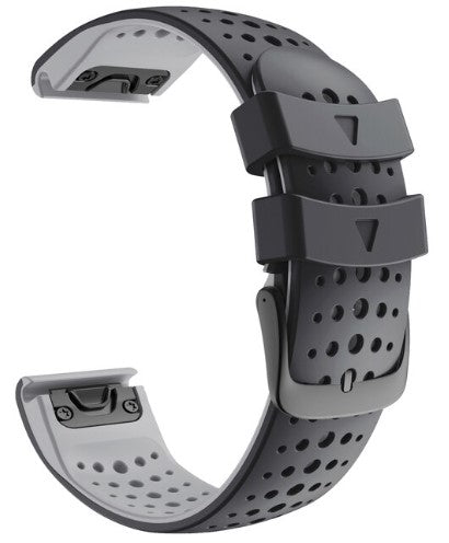 Gray and black perforated silicone sports watch band with quick-fit connectors and adjustable straps