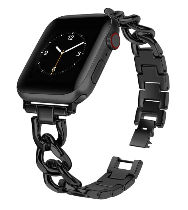 Black stainless steel chain link bracelet band for Apple Watch with secure clasp closure