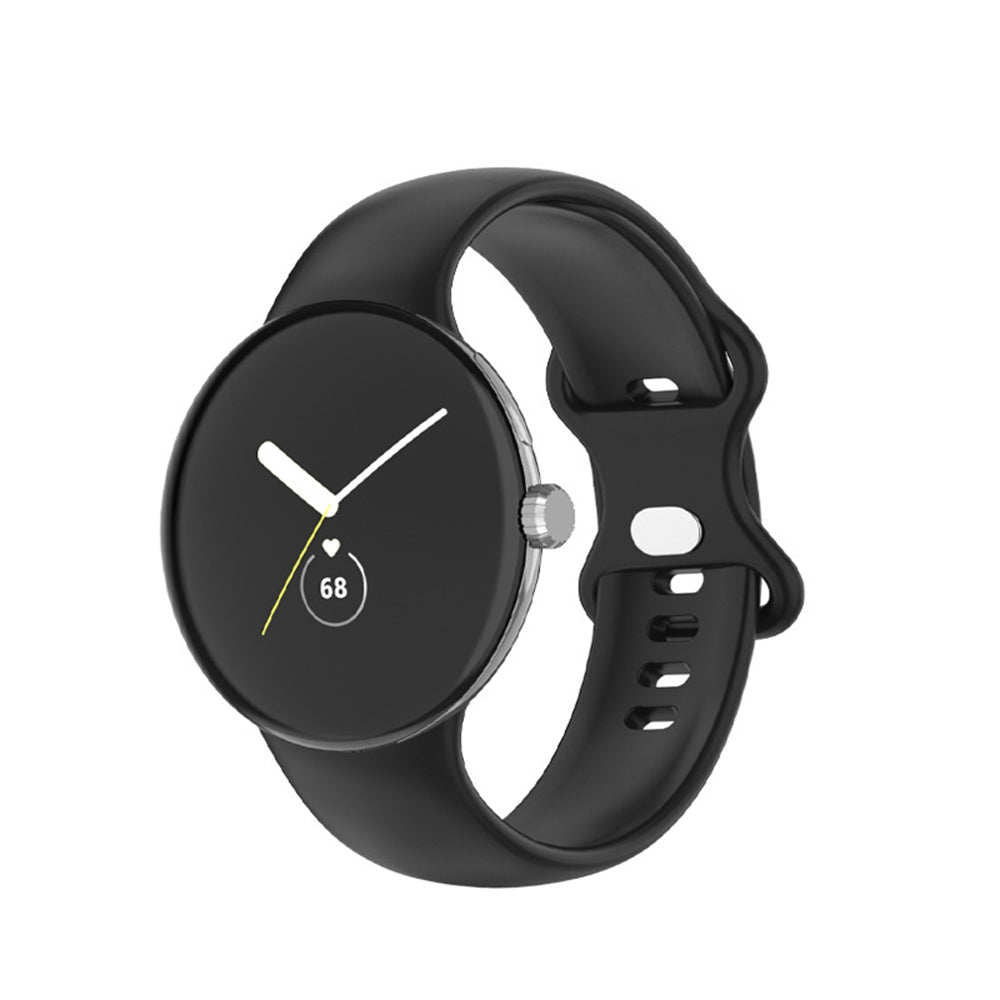 Black silicone smartwatch with minimalist watch face, white hands, and yellow accents, displaying time and health metrics