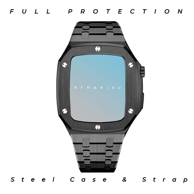 Black stainless steel luxury smartwatch with matching metal bracelet and square digital display