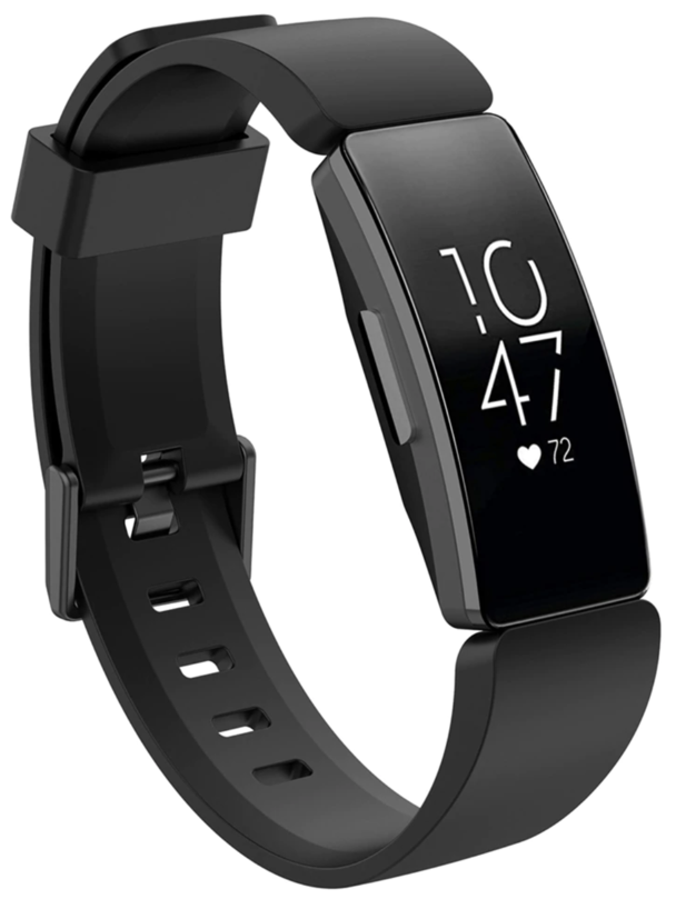 Black silicone fitness tracker band with buckle clasp and rectangular display showing time and heart rate data