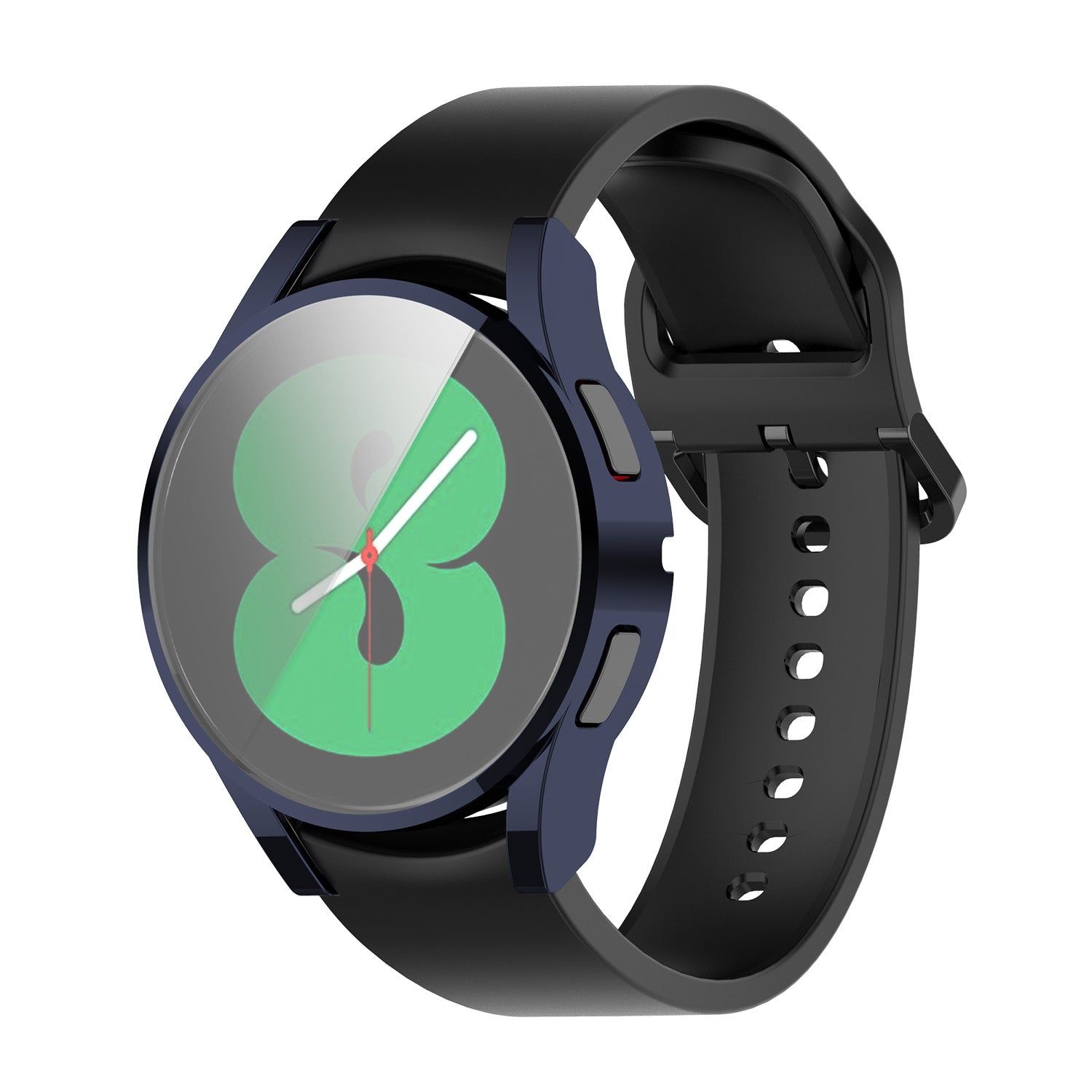 Samsung Galaxy Watch 4 protective case with navy blue bezel and black silicone band, front and back view
