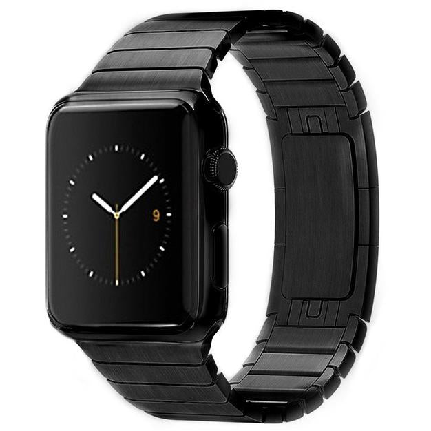 Black stainless steel link bracelet smartwatch with rectangular dial and adjustable metal band
