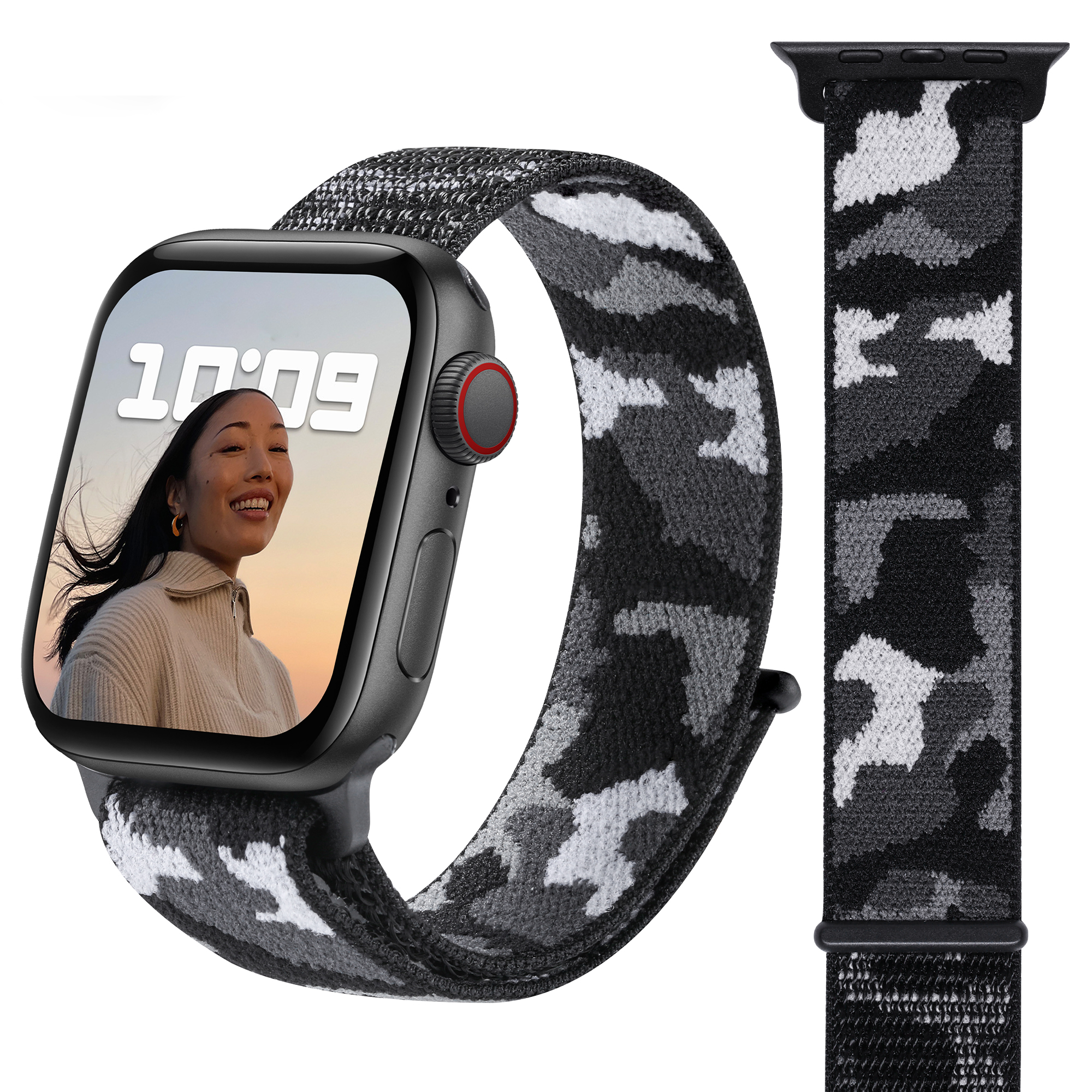Black and white camo Apple Watch with matching velcro sports loop band shown on wrist and separately