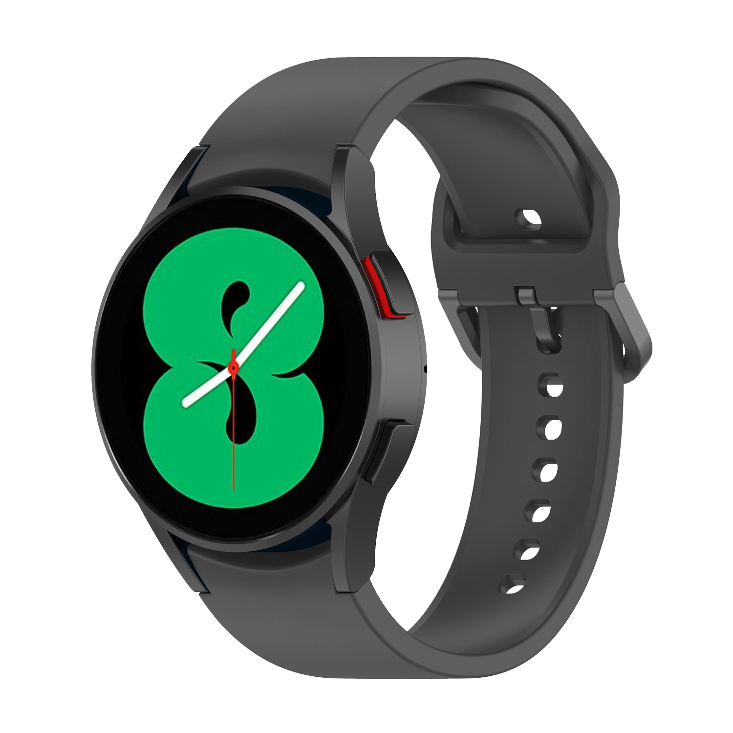 Black silicone smartwatch with green dial and white hands, adjustable sport band with ventilation holes
