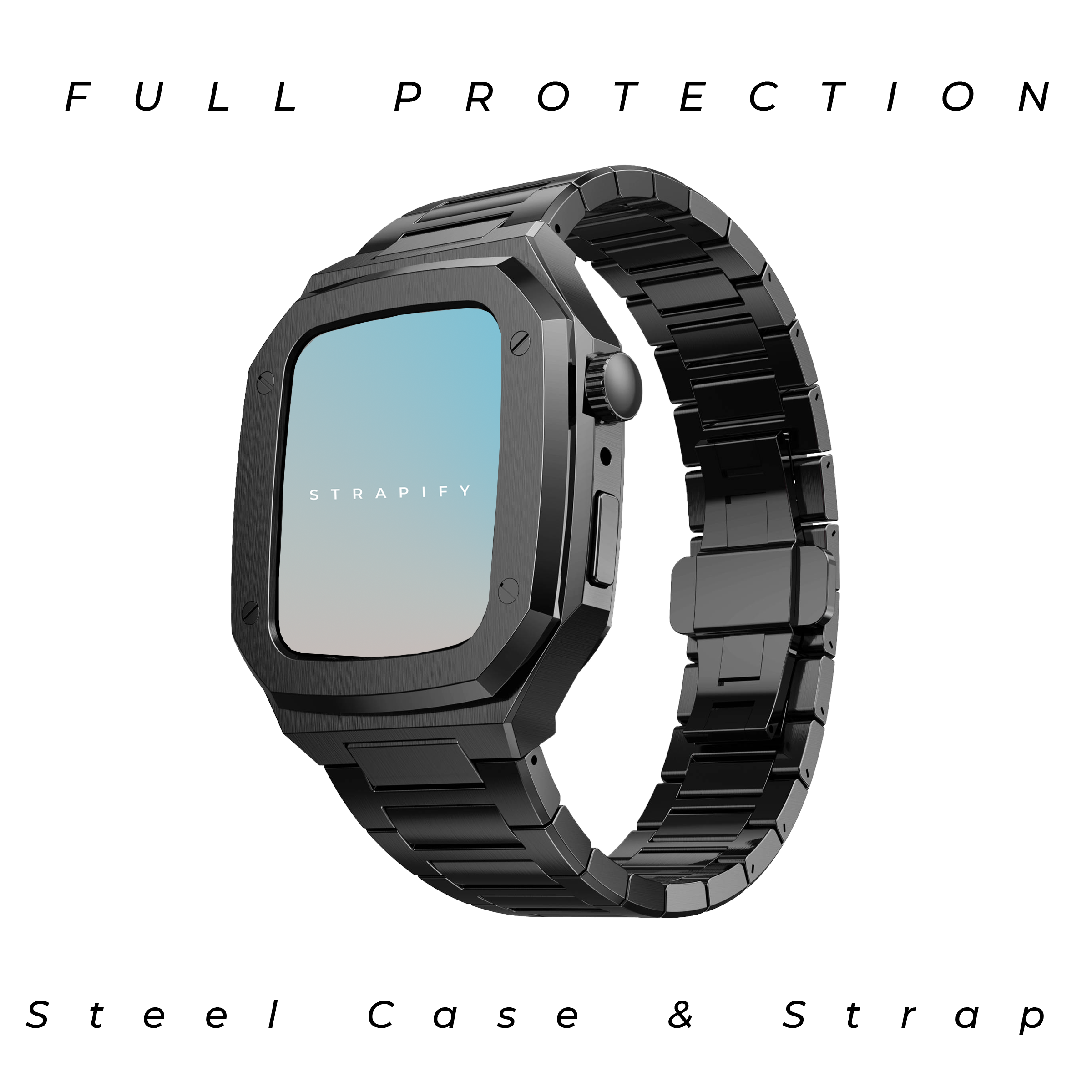 Black stainless steel smartwatch case with matching metal band and light blue display screen