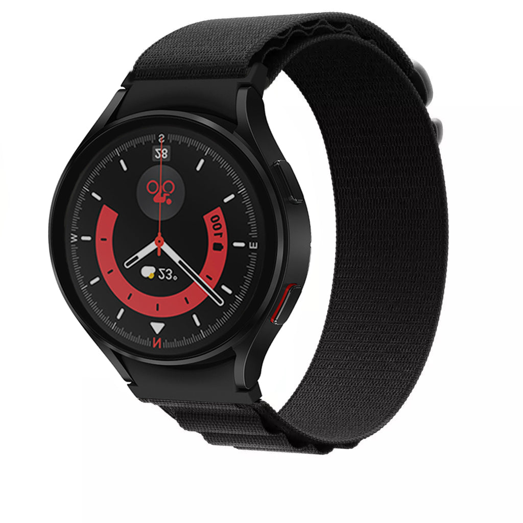 Black smartwatch with red chronograph dial, white hour markers, and black fabric Alpine loop band