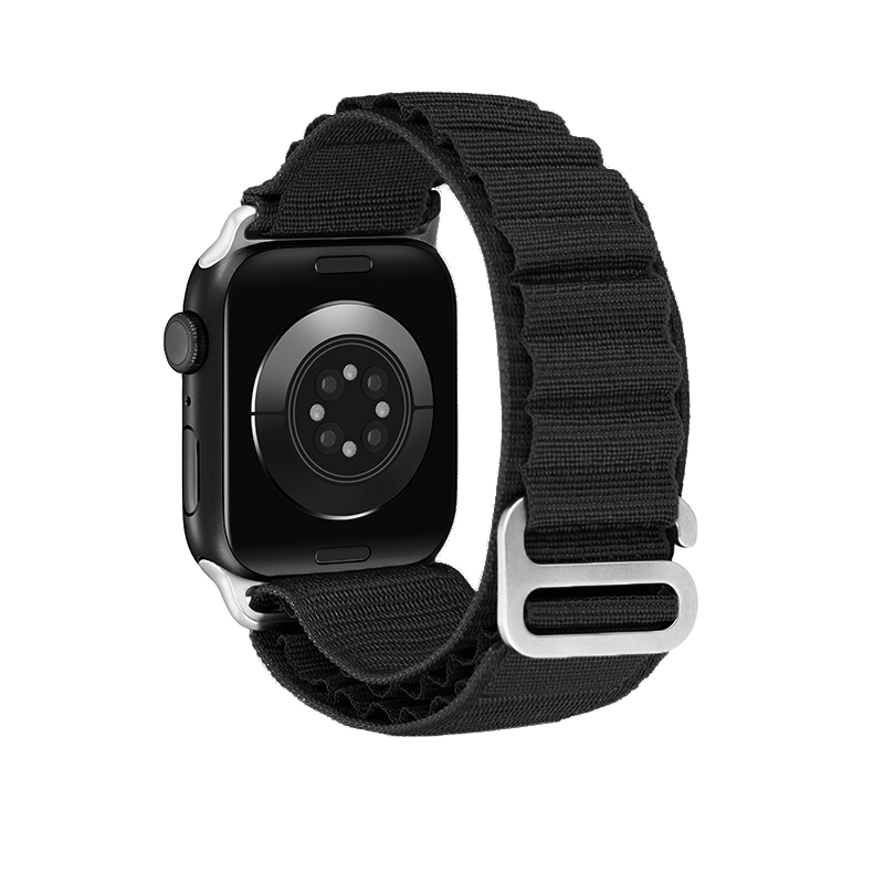 Black nylon Alpine Loop band with silver aluminum connector for Apple Watch Series 7 8 9