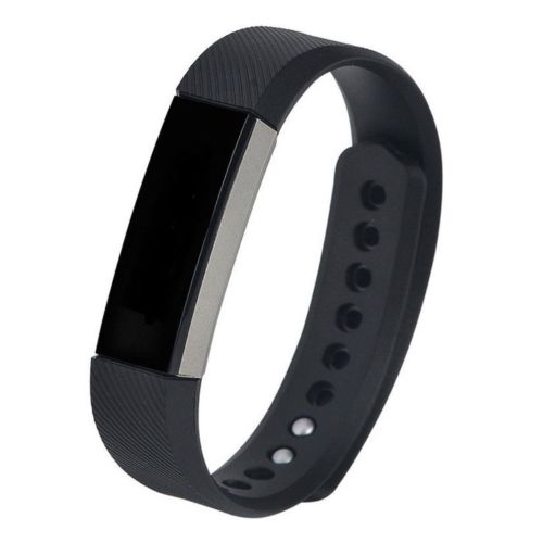 Black silicone fitness tracker band with metal accents and adjustment holes for wrist wear