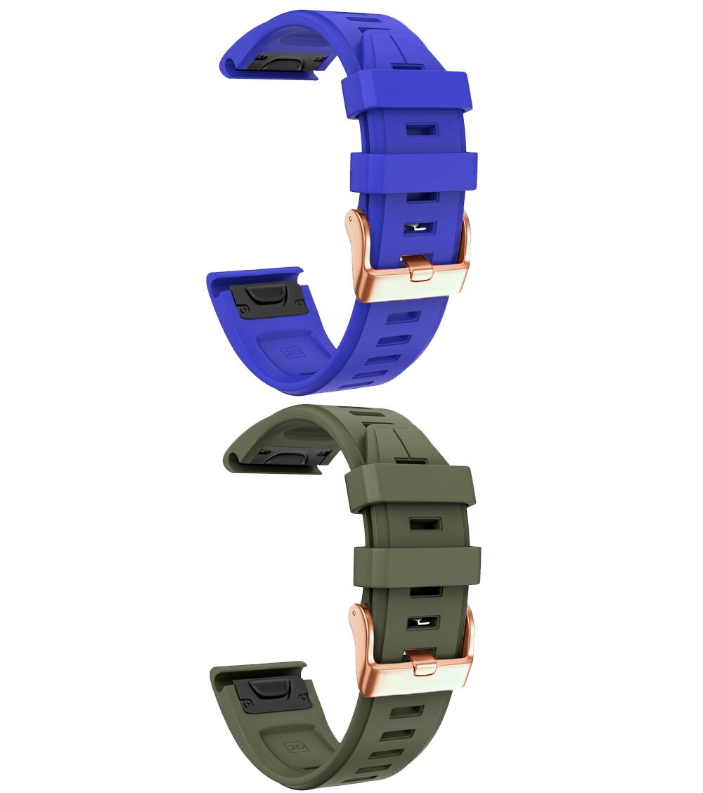 Flexi Silicone QuickFit 20mm watch bands in blue and olive green with rose gold hardware shown disassembled