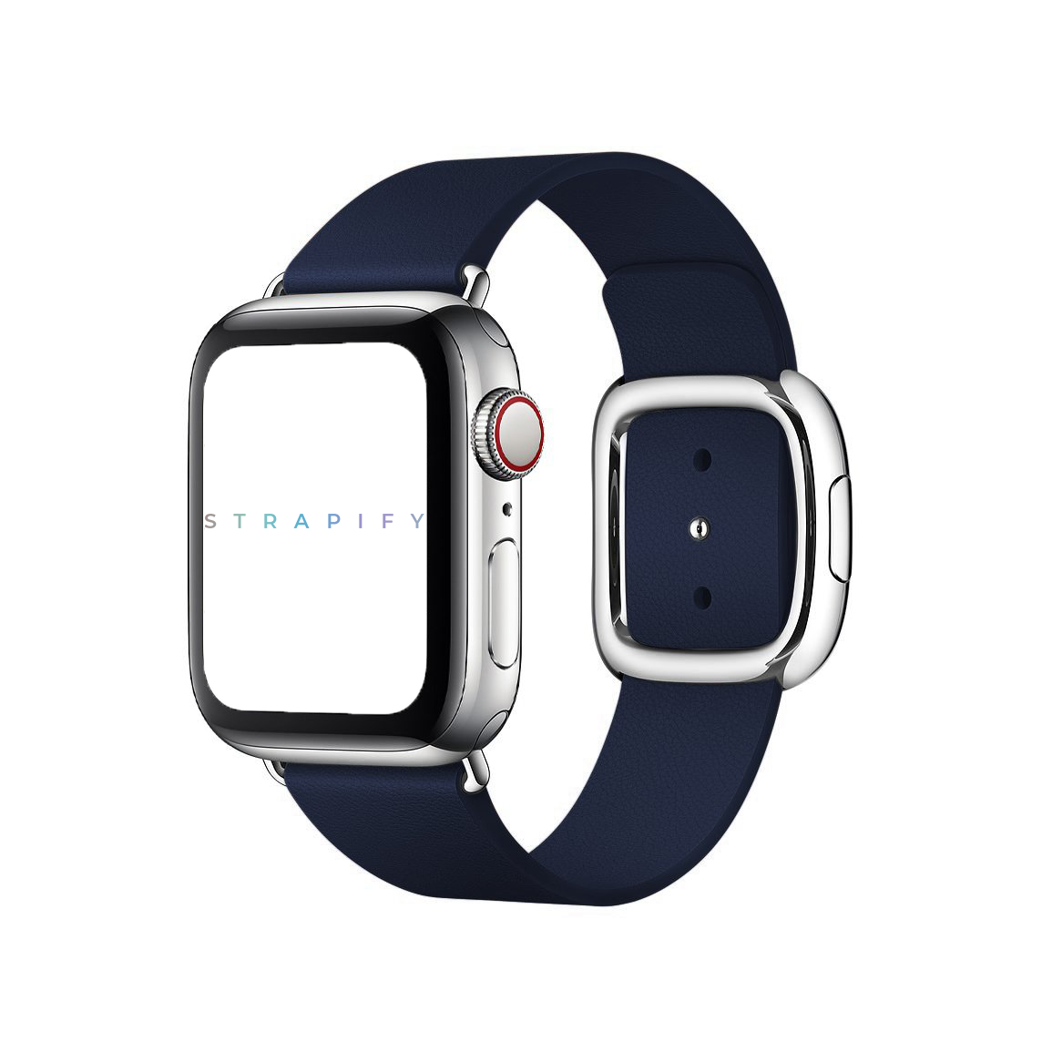 Silver stainless steel smartwatch with navy blue modern buckle band and red digital crown