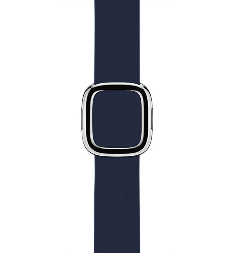 Navy blue silicone Apple Watch band with polished stainless steel modern buckle clasp