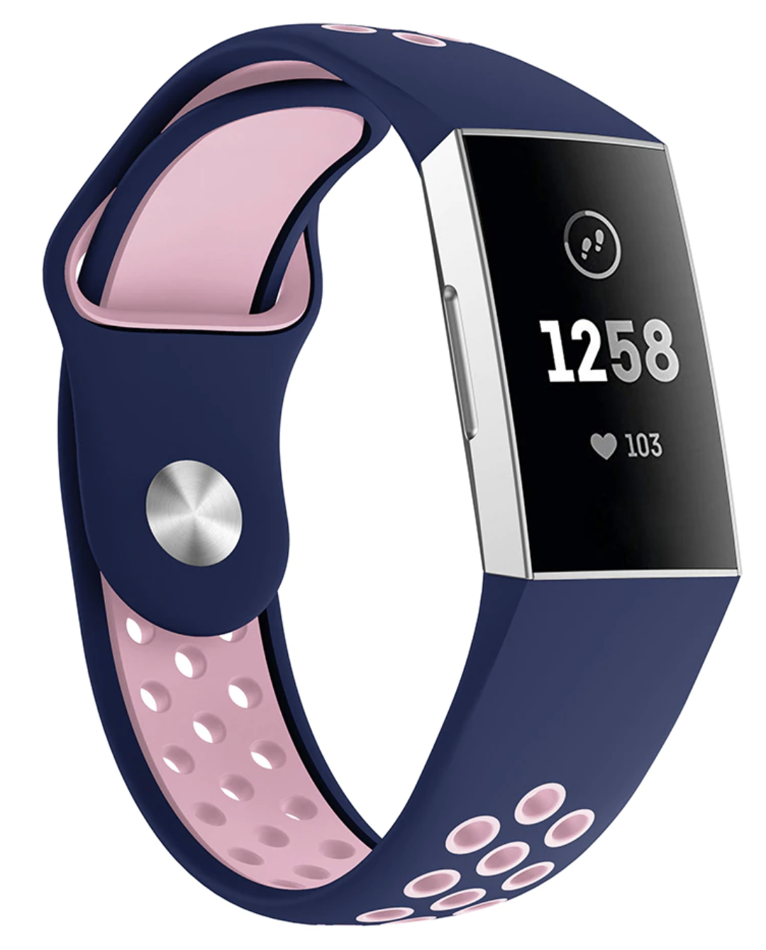 Navy and pink sports silicone band for Fitbit Charge 3 and 4 with perforated ventilation holes