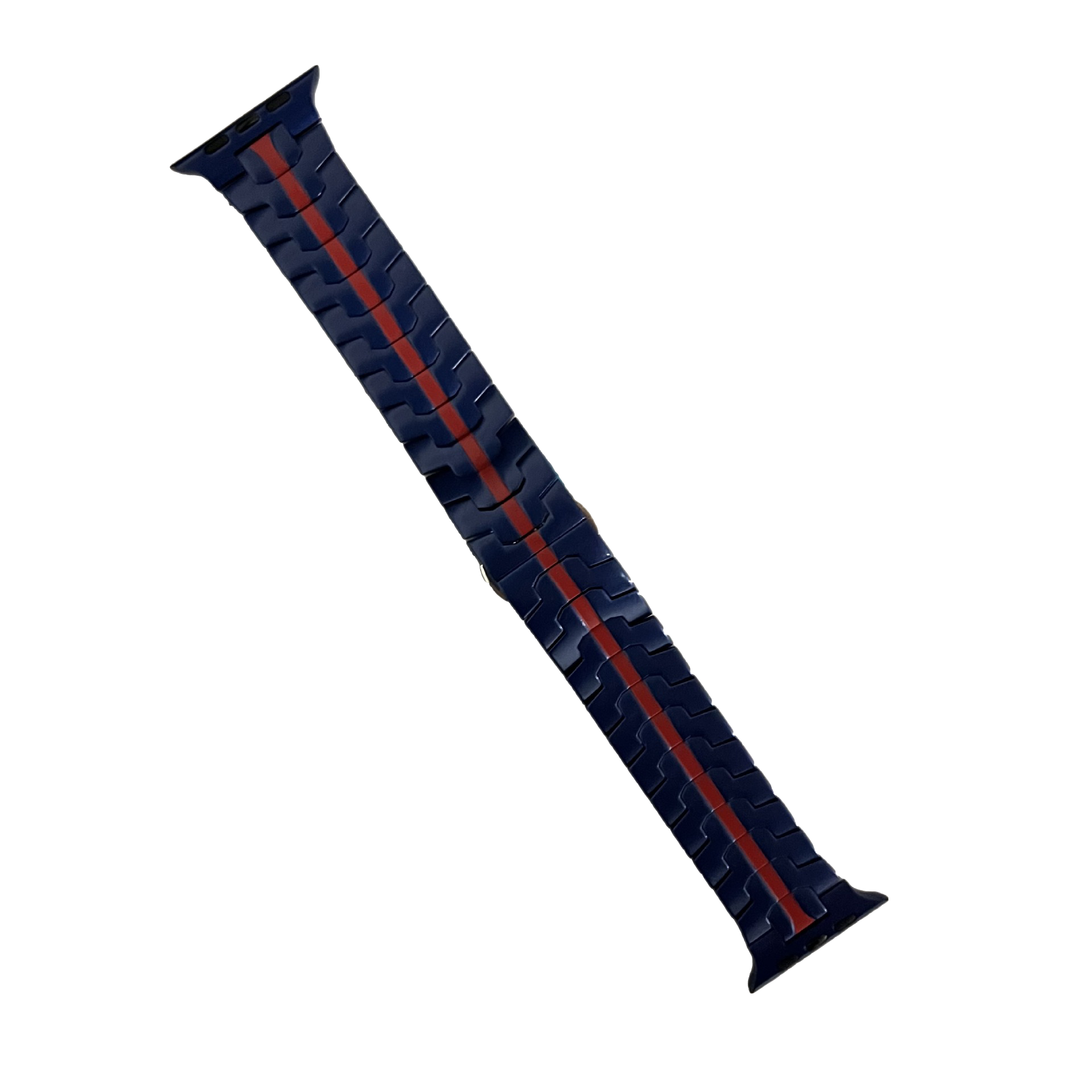 Navy blue leather Apple Watch band with red stripe and metal connector, premium smartwatch strap replacement