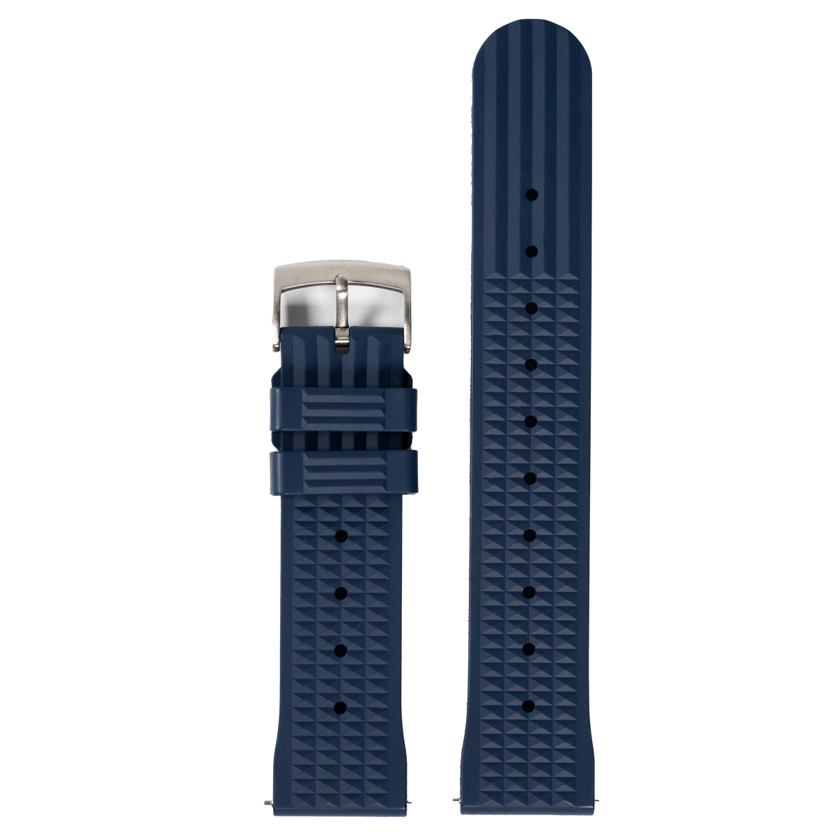 Navy blue textured rubber watch band with waffle pattern and stainless steel buckle, shown full length with attached connector