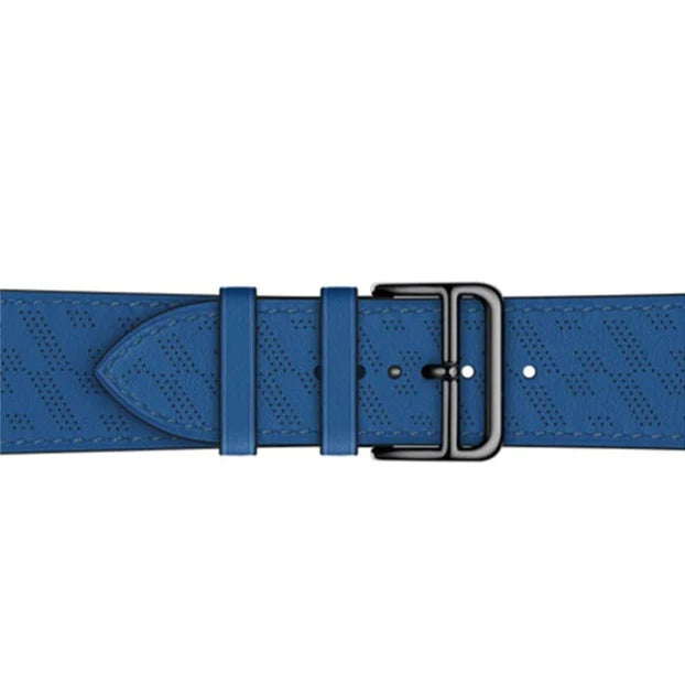 Blue perforated leather Apple Watch single tour band with gunmetal buckle and adjustable strap
