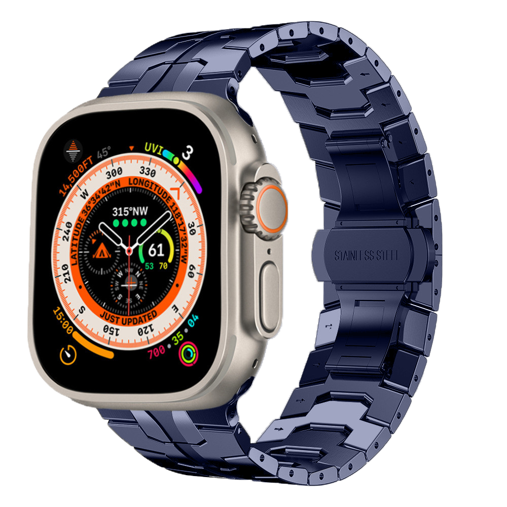 Titanium smartwatch with navy stainless steel link bracelet, displaying compass and altitude dial on screen