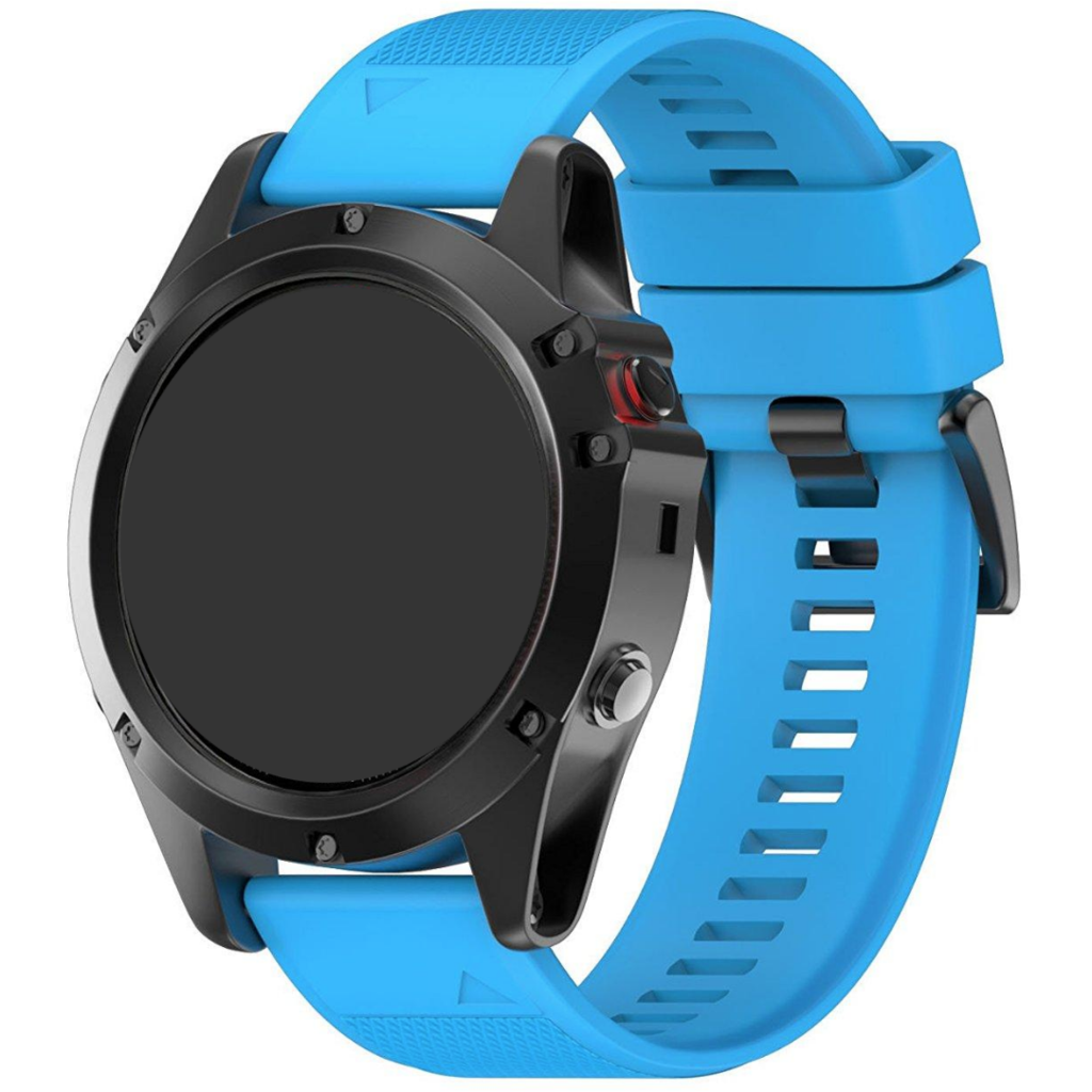 Black sports smartwatch with bright blue silicone QuickFit band replacement strap