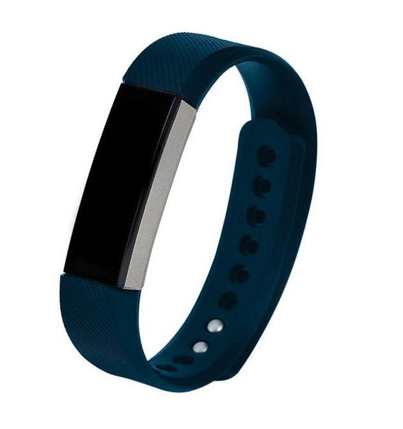 Teal silicone fitness tracker band with black display screen and adjustable strap with ventilation holes