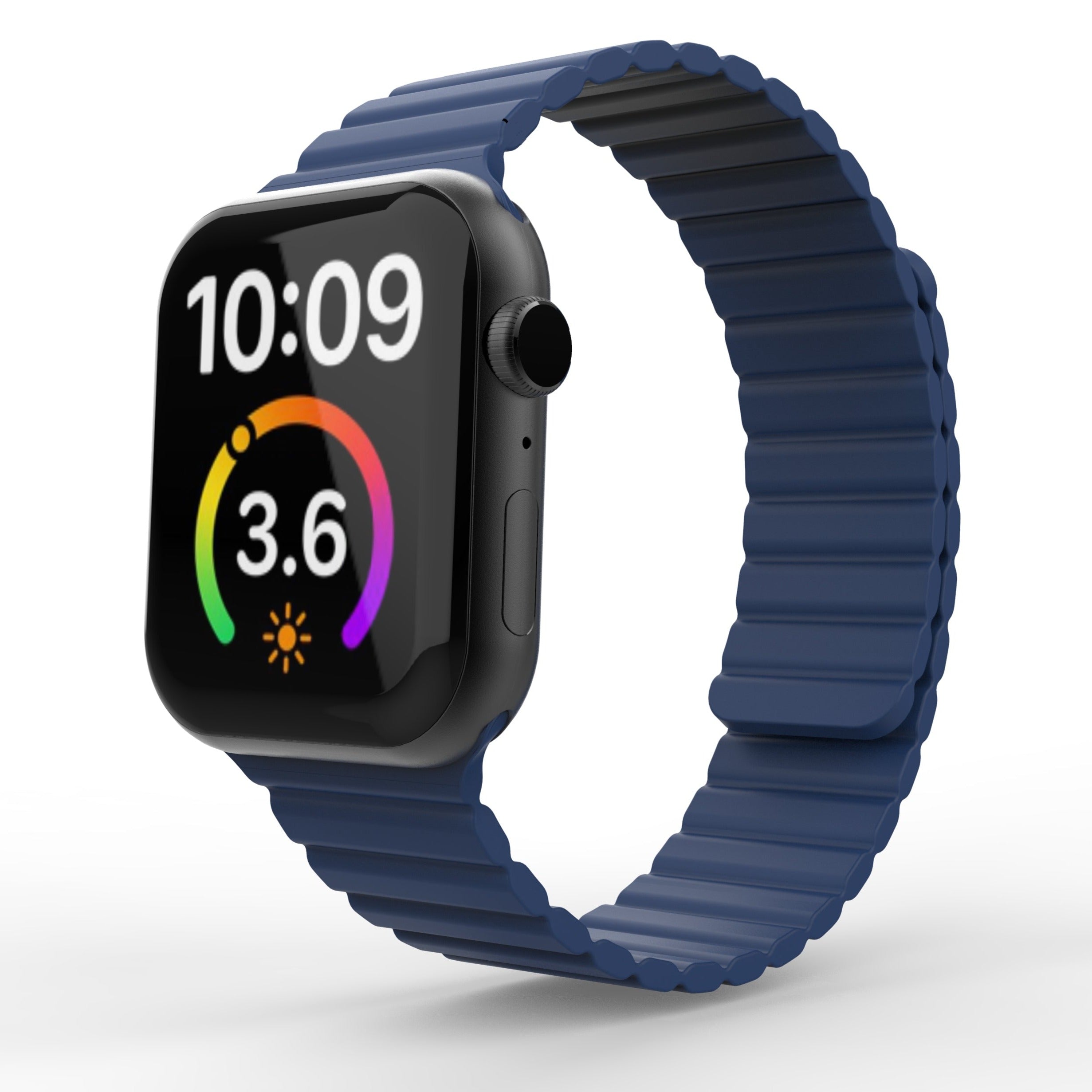 Black smartwatch with blue magnetic silicone loop band displaying time and colorful health metrics on screen