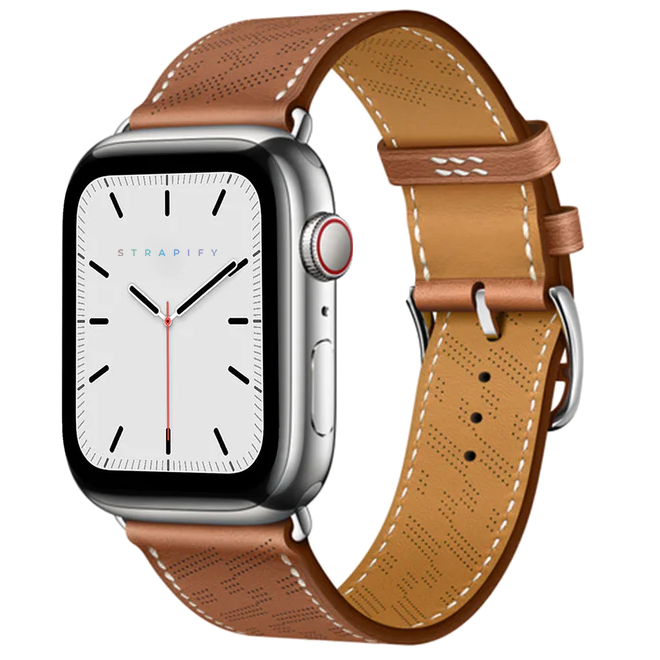 Silver smartwatch with white dial and black hands paired with brown perforated leather band with white contrast stitching